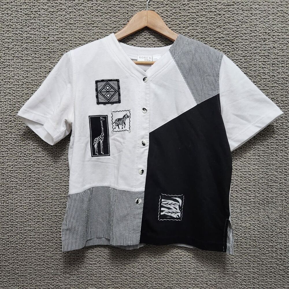 KORET K‑Wear Women’s Patchwork Button Front Short Sleeve Top Size M